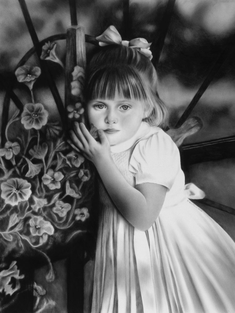 black and white portrait of shy little girl, made using art pencils