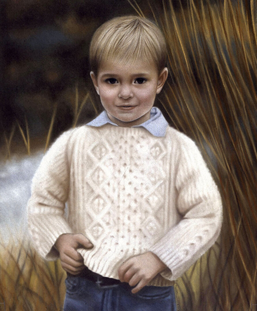 colored portrait of a little boy in a sweater, made using pastels