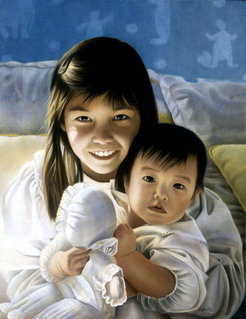 oil painting of two young kids