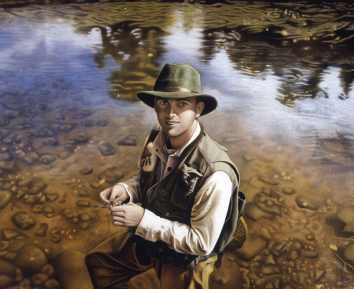 oil painting of young man standing on a shallow body of water