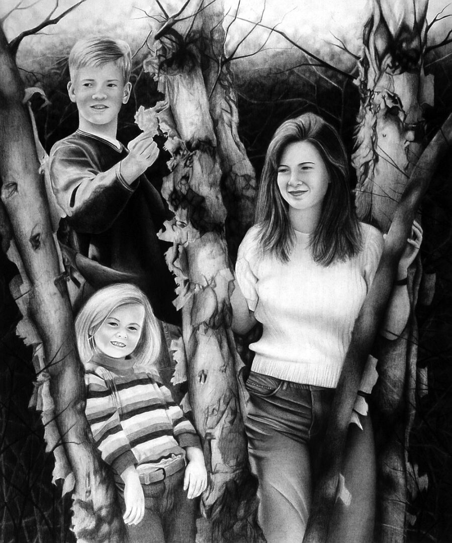 black and white portrait of three people in nature, made using art pencils