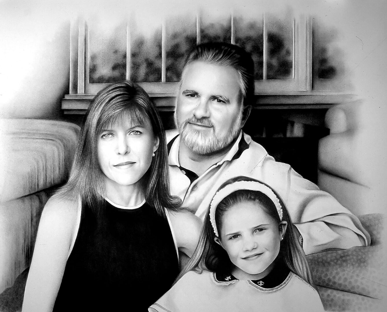 black and white family portrait, made using art pencils