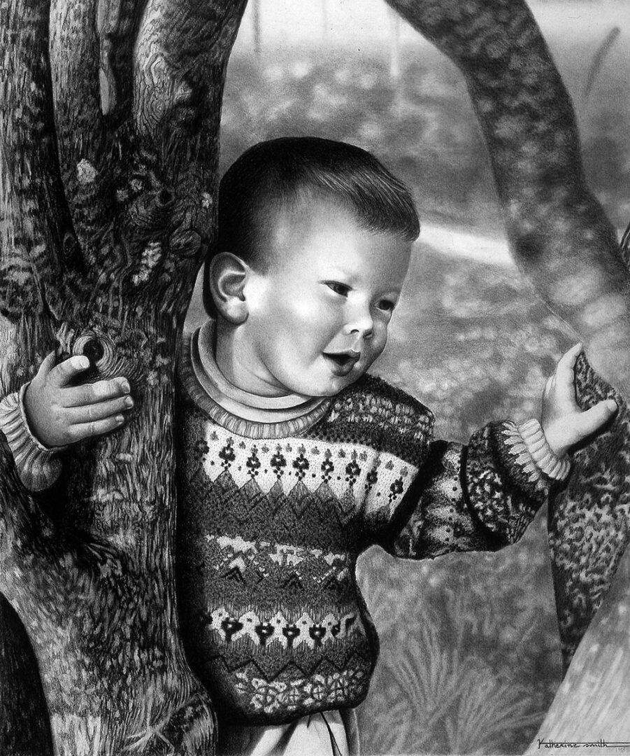 black and white portrait of little boy playing, made using art pencils